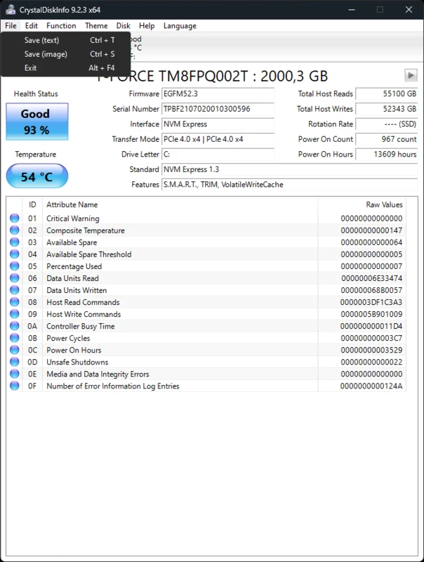 CrystalDiskInfo main dashboard showing drive list and health badges